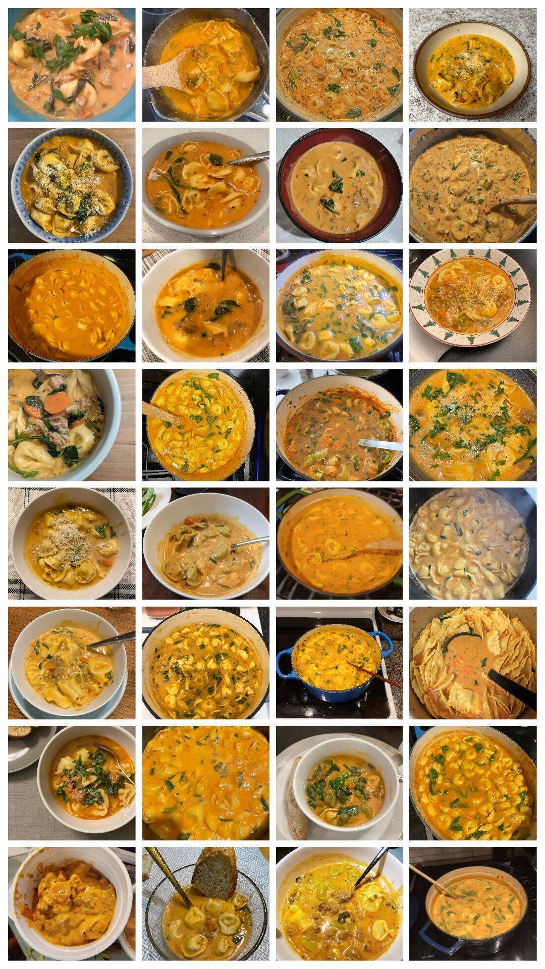 Collage of tortellini soup images from Instagram.