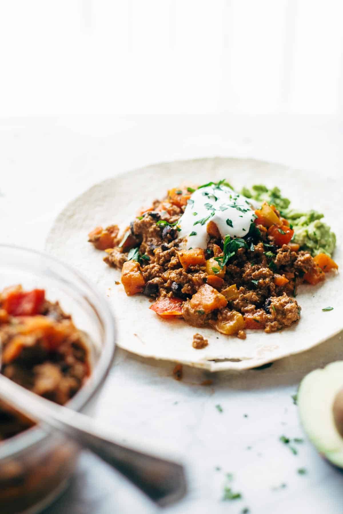 Spicy Chipotle Turkey Burrito on a tortilla.