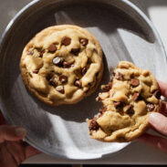 Two giant chocolate chip cookies on a plate.