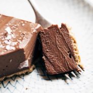 Bite of vegan chocolate pie on a fork.