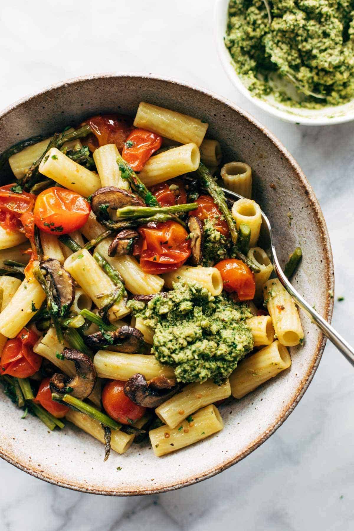 Farmer's Market Pasta in a bowl with pesto.