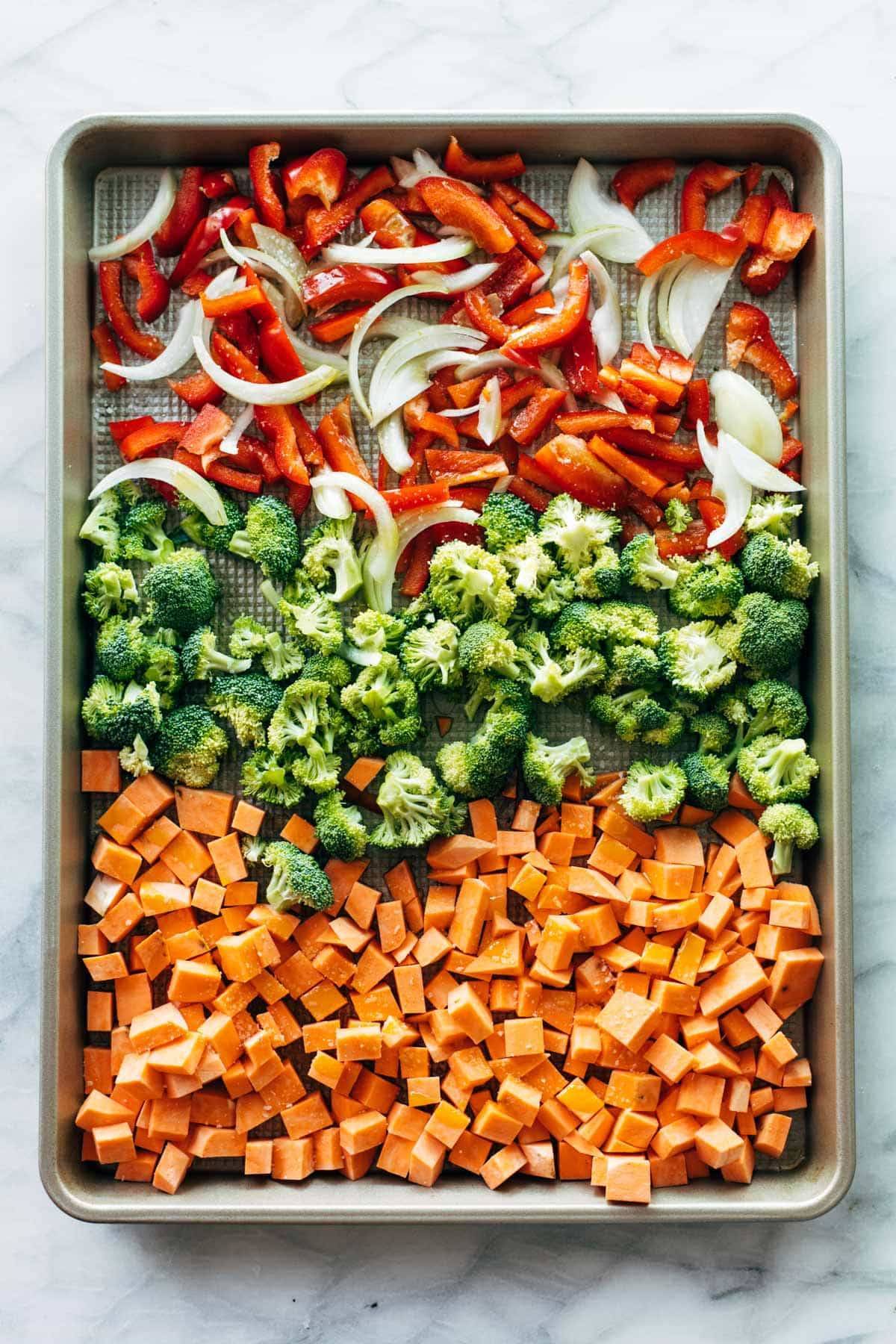 Veggies on a roasting pan.