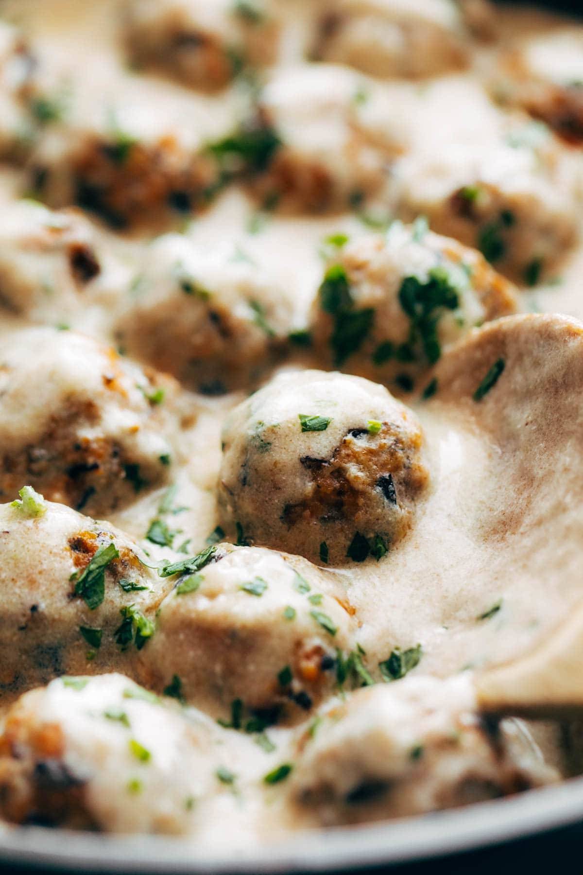 Vegetarian Swedish Meatballs in pan with gravy.