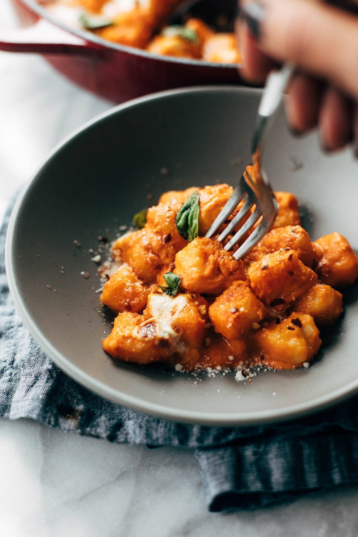 Baked gnocchi in a bowl.