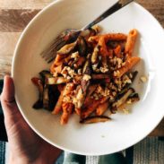 Pasta and mushrooms in a bowl.