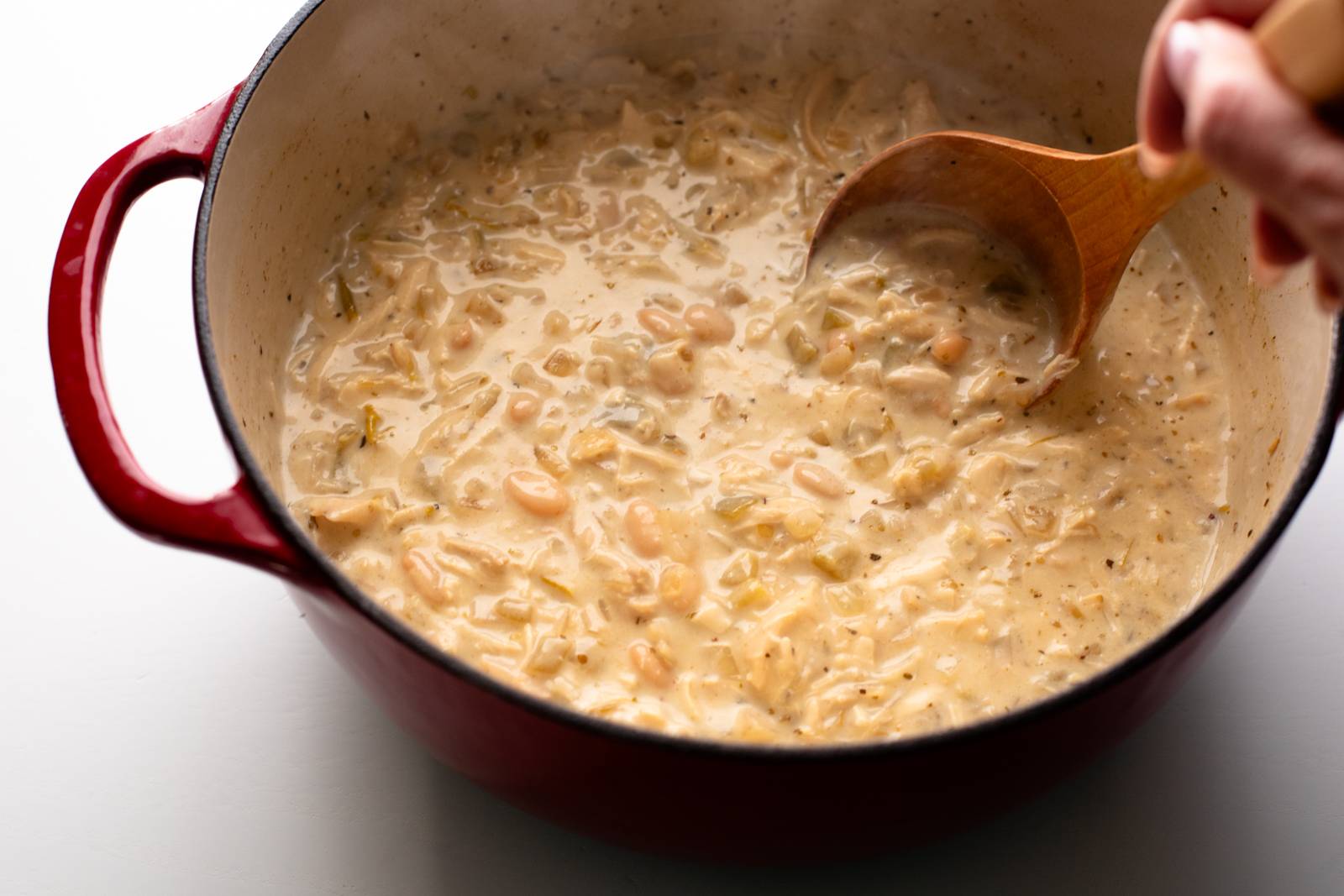 Creamy white chicken chili in a Dutch oven