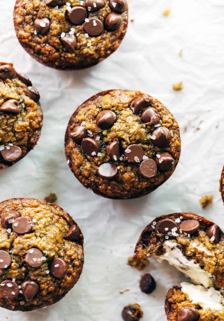 Zucchini muffins with chocolate chips on top.