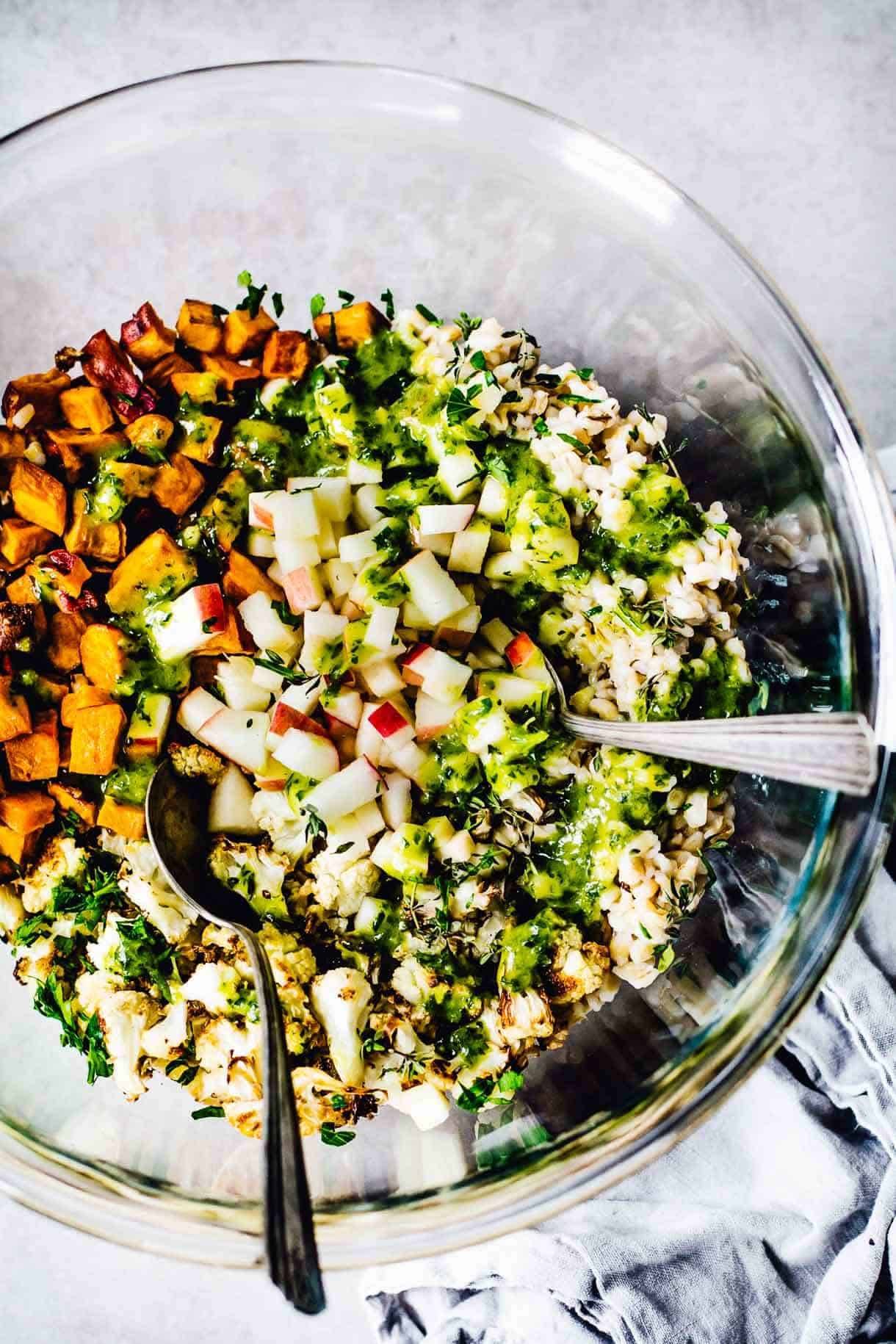 Autumn glow salad in a bowl before tossing.