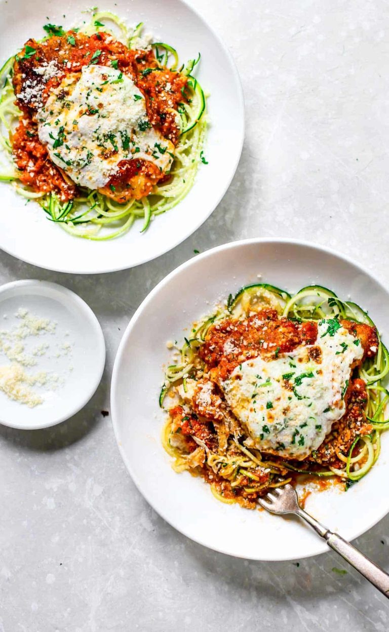 Chicken parmesan on zucchini noodles.