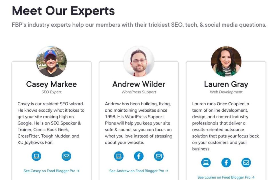 A screenshot of three of the Food Blogger Pro Experts, Casey Markee, Andrew Wilder, and Lauren Gray