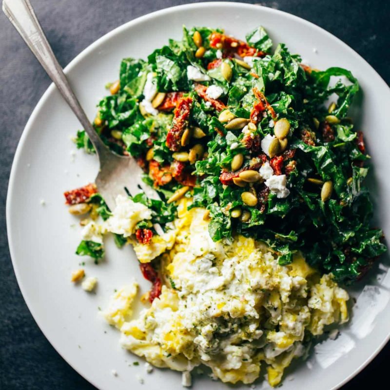 Goat Cheese Scrambled Eggs with Pesto Veggies