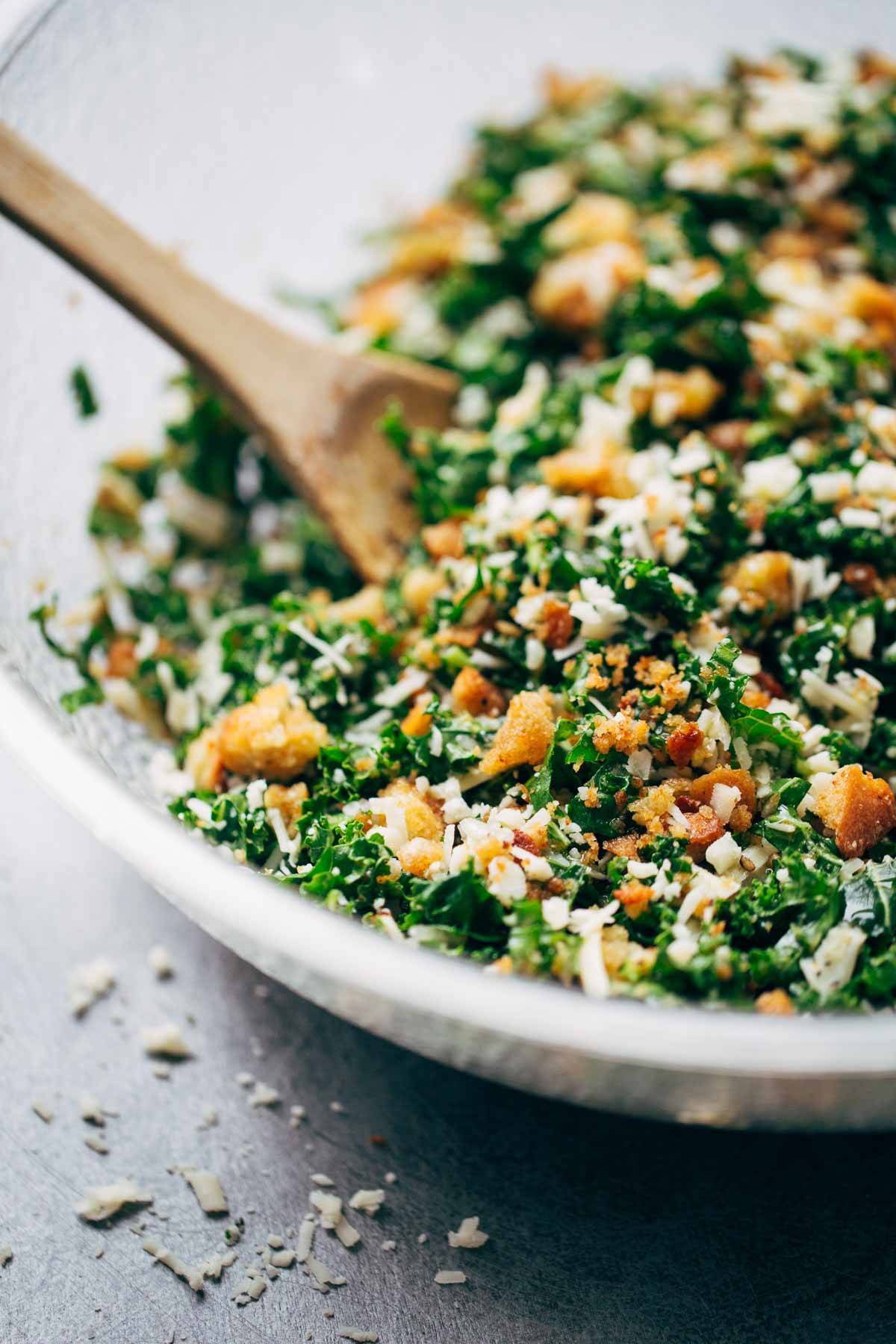 Kale salad with breadcrumbs in a bowl.