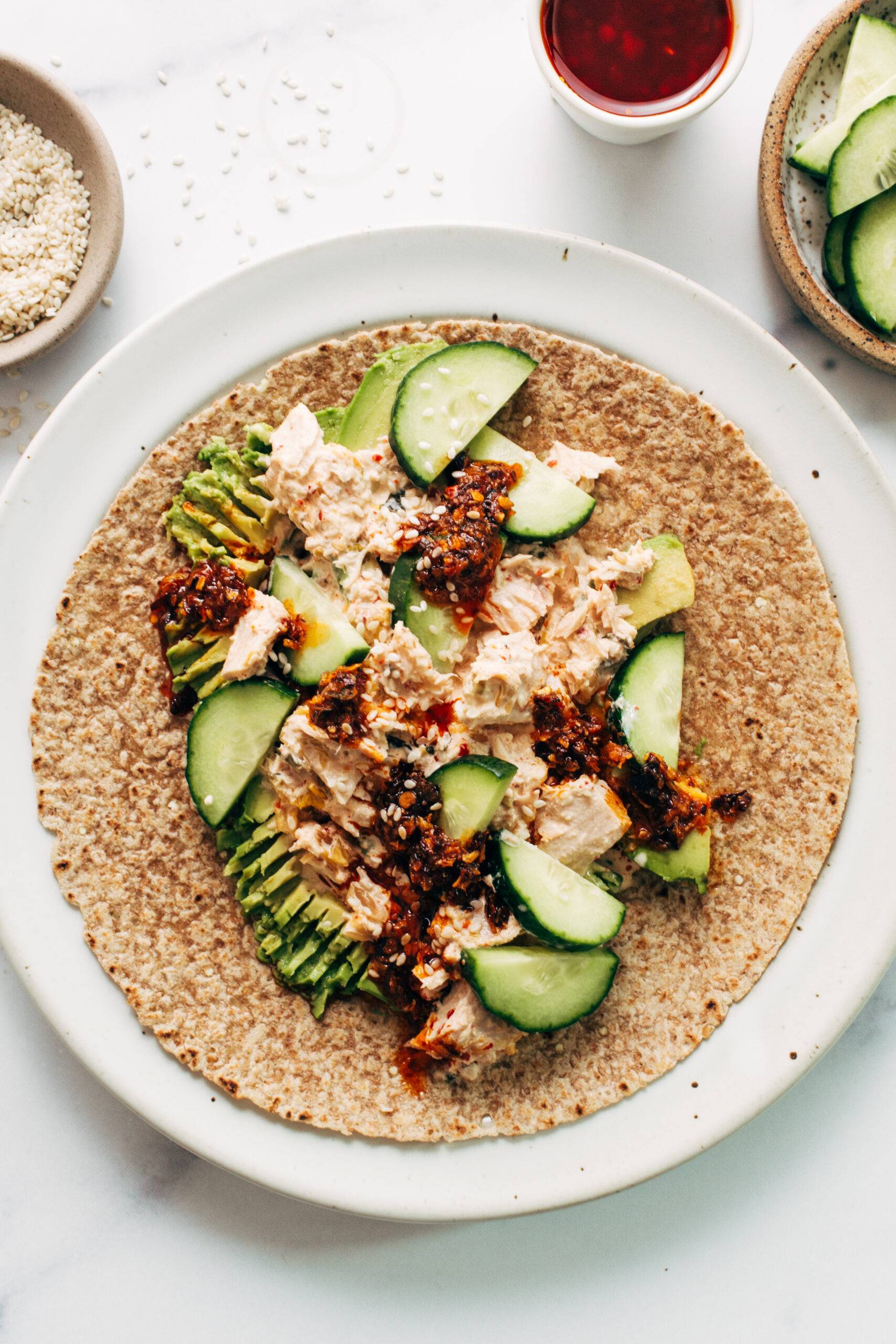 Kimchi tuna salad wrap on a plate