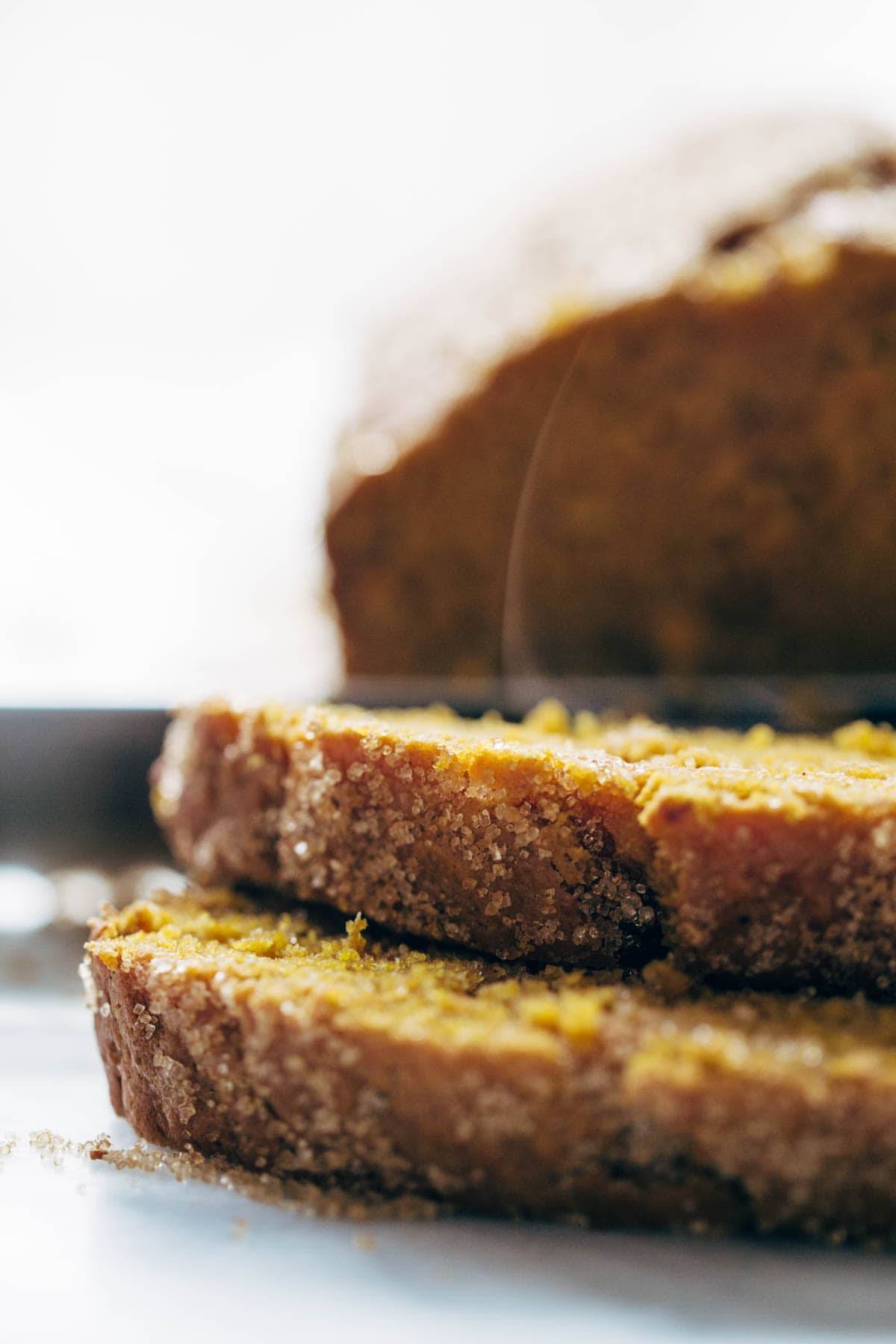 Pumpkin bread sliced.