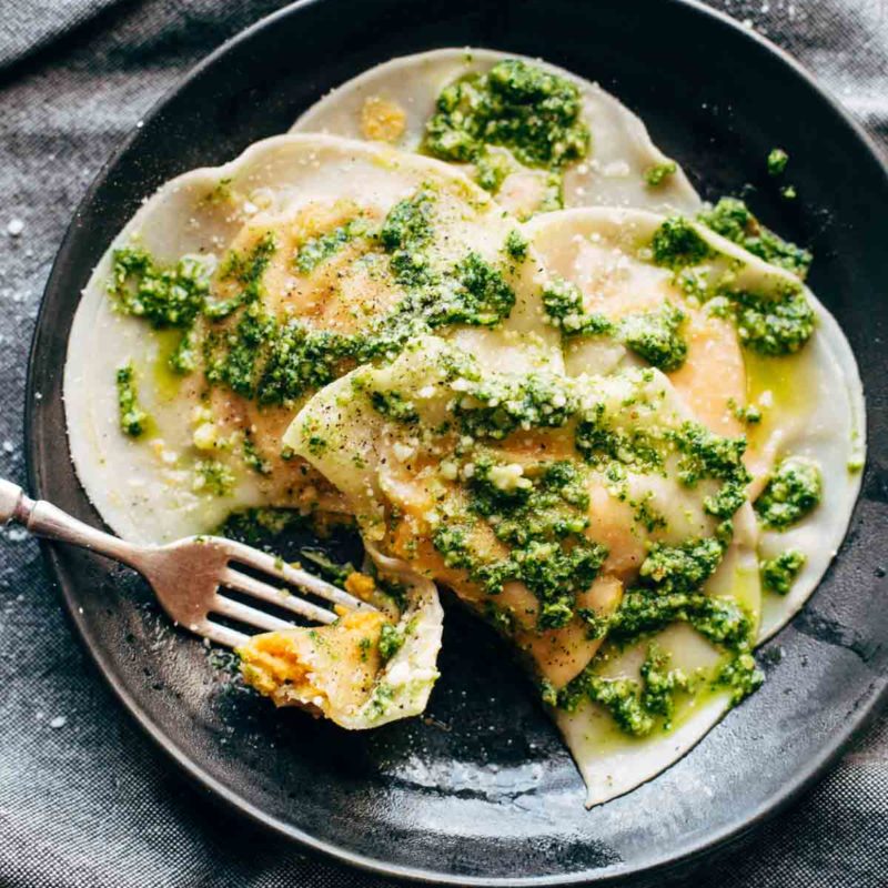 A picture of Jumbo Butternut Squash Ravioli with Kale Pesto