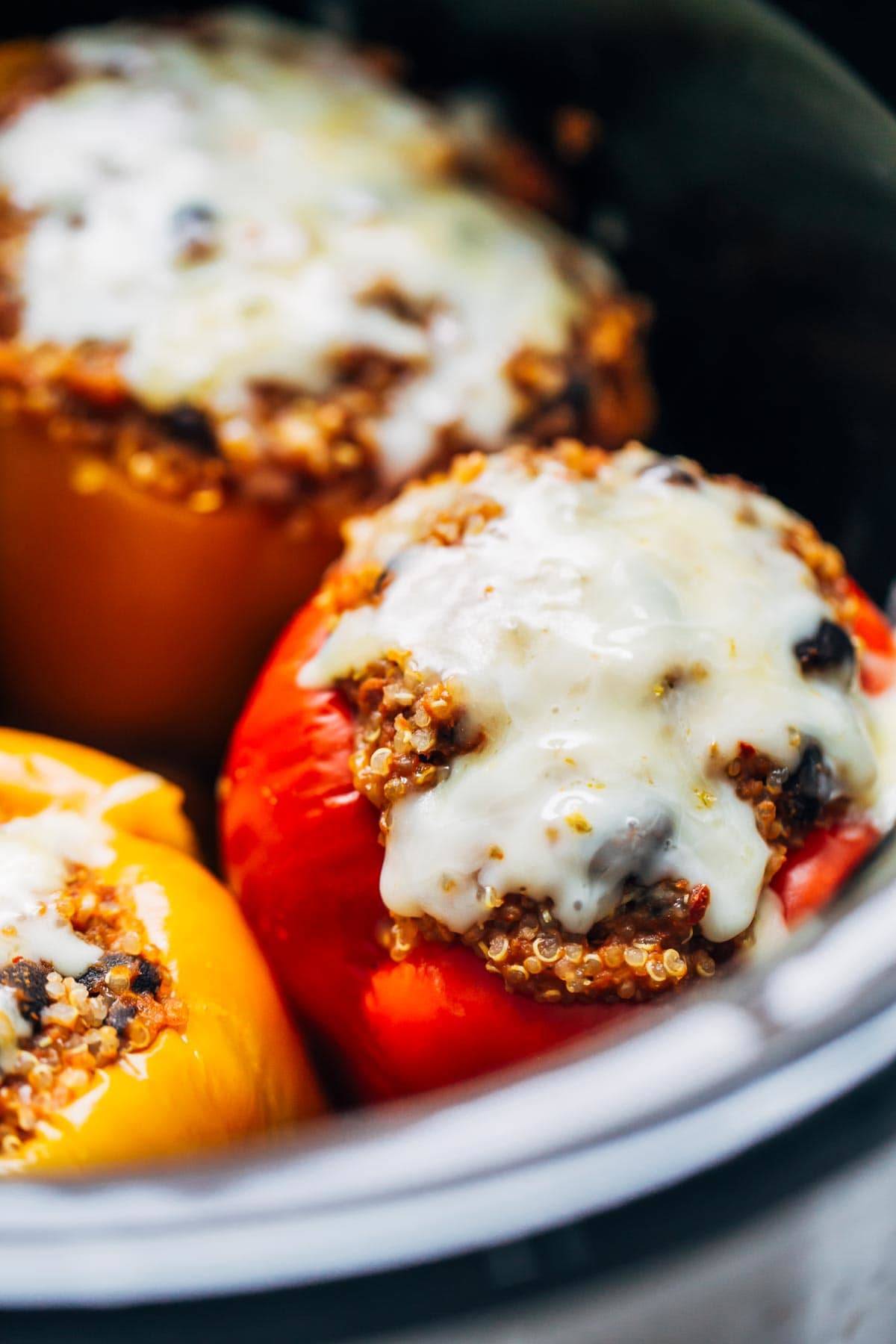 Quinoa Black Bean Crockpot Stuffed Peppers close up.