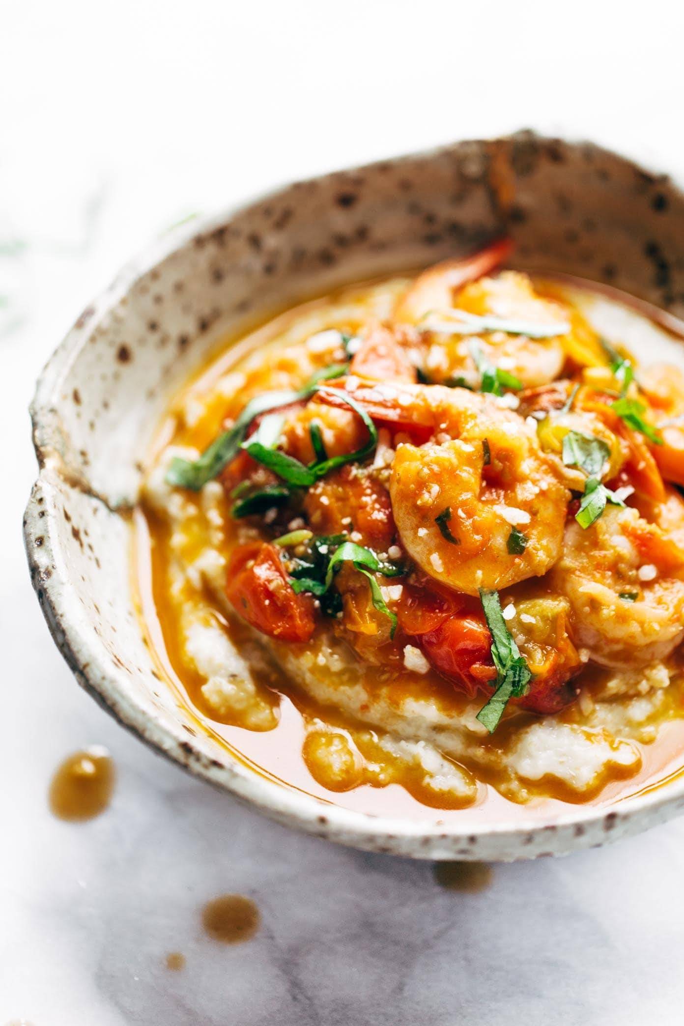 Shrimp + Grits in a bowl.