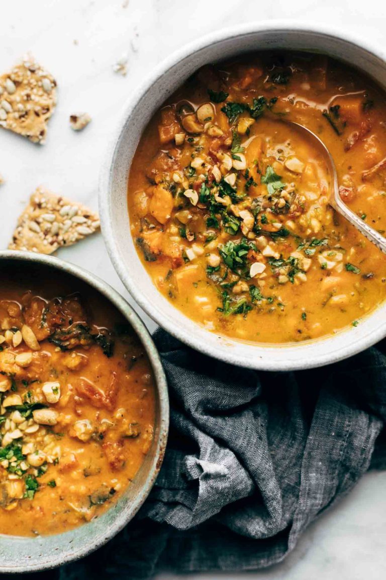 Sweet potato peanut stew in a bowl.