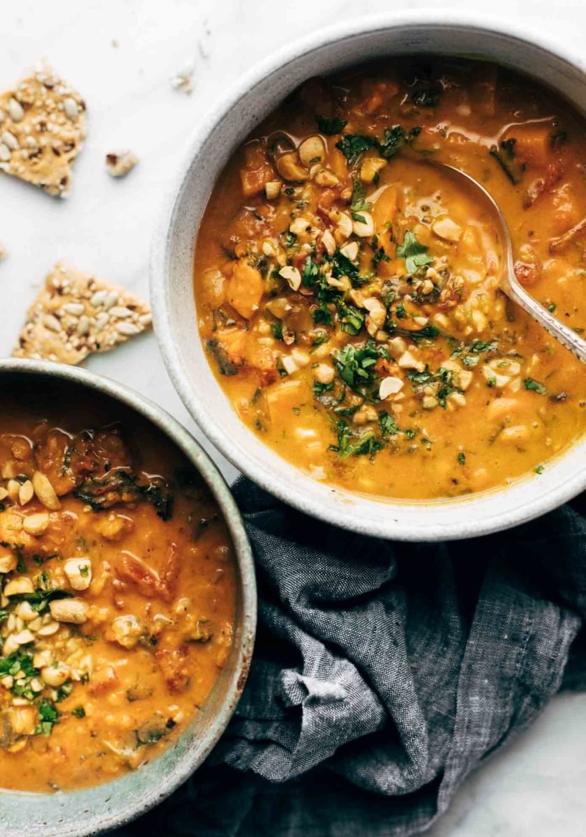 Sweet potato peanut stew in a bowl.