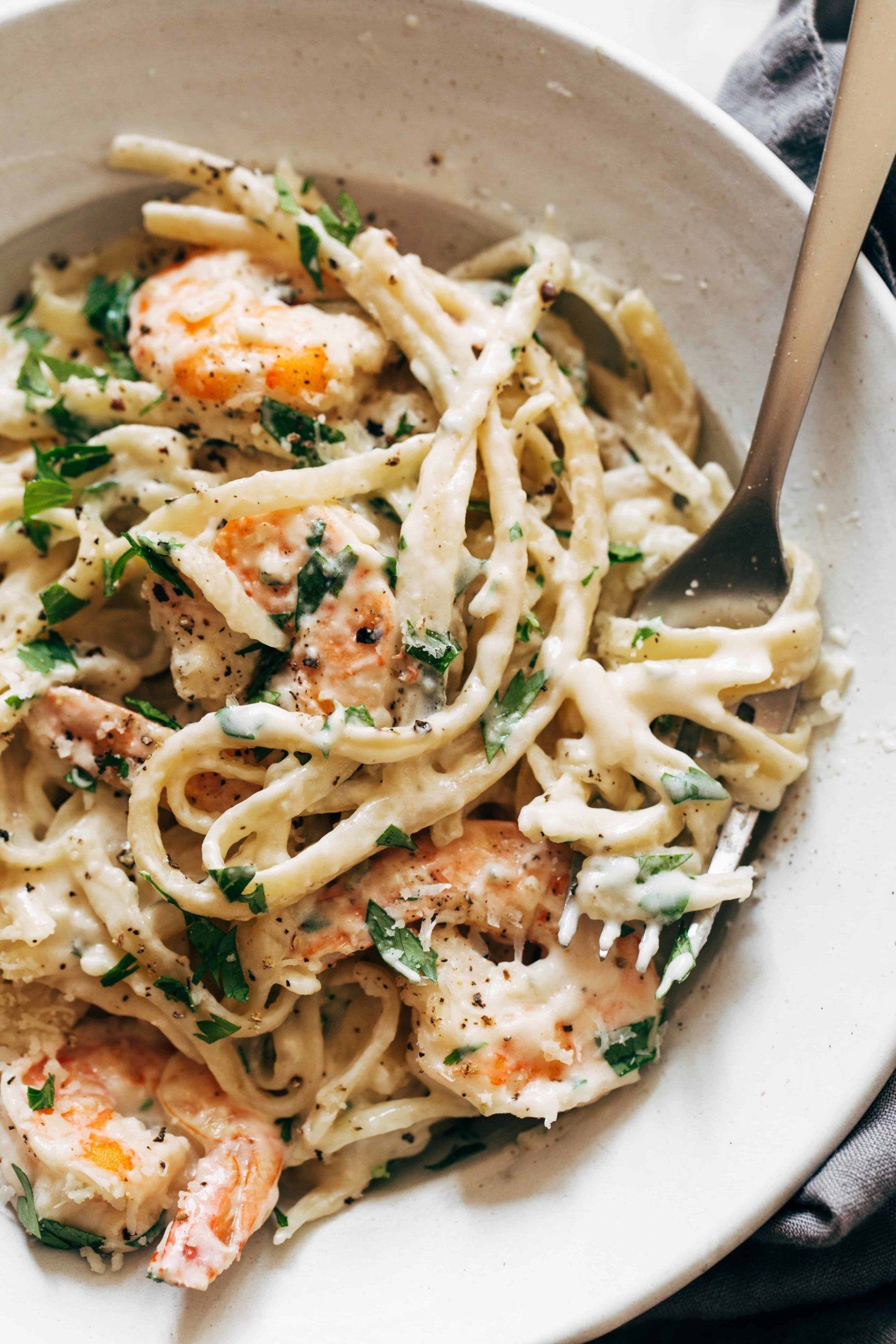 Fork twirl of white wine linguine.